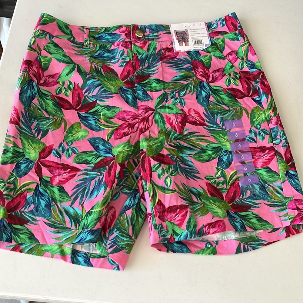 #2885 NWT STELLA PARKER Tropical Pink Leaf Print Shorts